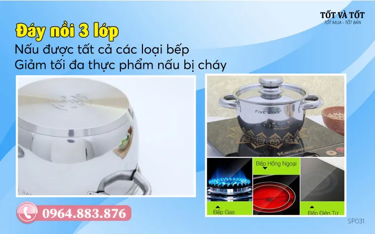 Bộ nồi fivestar 3 đáy 3 chiếc vung inox - Hàng Việt Nam chất lượng cao